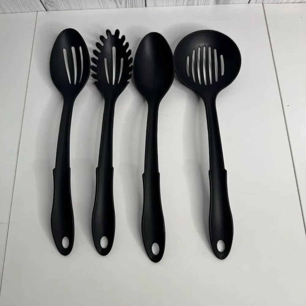Set of 4 Utensils Black Plastic Slotted Serving Spoons, Ladle Heat Resistant USA